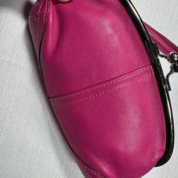 Coach hot pink kiss lock wristlet with strap. Silver hardware. - Picture 3 of 8